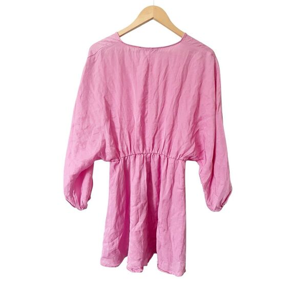 Zara Pink Ruched Front‎ V-Neck 3/4 Sleeve Mini Dress Size Medium - Picture 4 of 4